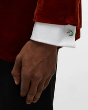 Sterling silver green enamel double-ring chain link cufflinks styled on white French cuff with burnt orange velvet jacket, Jan Leslie