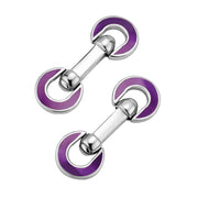 Sterling silver double-sided bar cufflinks with purple enamel open crescent moon disc faces and polished silver barrel connector, luxury men's fine jewelry.