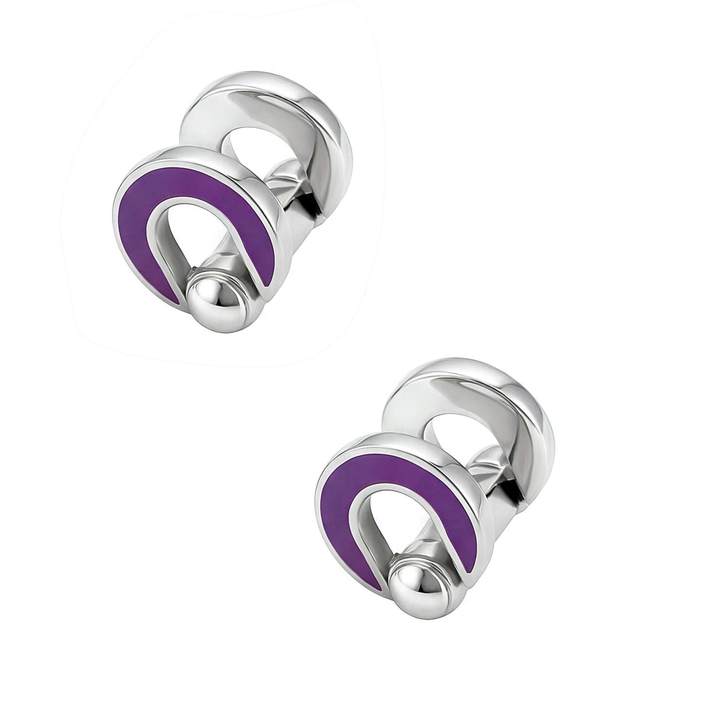 Side profile view of sterling silver purple enamel open crescent disc cufflinks showing curved horseshoe silhouette and polished silver ball pivot connector, luxury men's fine jewelry.