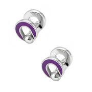 Side profile view of sterling silver purple enamel open crescent disc cufflinks showing curved horseshoe silhouette and polished silver ball pivot connector, luxury men's fine jewelry.