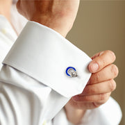 Sterling silver round cufflinks with royal blue enamel crescent inlay and bullet toggle back closure, Jan Leslie