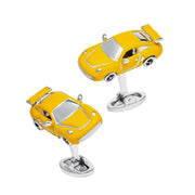 Yellow enamel 3D sports car cufflinks in sterling silver with rear spoiler and whale-back toggle — Jan Leslie