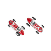 3D sterling silver and red enamel vintage Formula One racing car cufflinks with black rubber wheels and open cockpit detail, luxury motorsport men's fine jewelry.