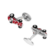 Underside view of 3D sterling silver and red enamel vintage Formula One racing car cufflinks showing chassis detail, black rubber wheels, and oval swivel back closure, luxury motorsport men's fine jewelry.