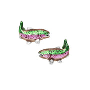 Pair of 3D sterling silver rainbow trout cufflinks with hand-painted green, pink, and brown enamel scale detail and silver fin accents, luxury novelty men's fine jewelry.