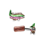 3D sterling silver rainbow trout cufflinks with green and pink enamel scales and copper-tone 'Gone Fishing' engraved T-bar back closure, luxury novelty men's fine jewelry.