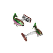 Back view of 3D sterling silver rainbow trout cufflinks showing brown enamel fly fishing reel T-bar back closure with Jan Leslie engraved signature, luxury novelty men's fine jewelry.