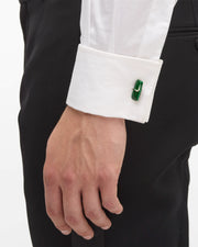 3D vintage racing car cufflink pair with glossy British racing green enamel on model