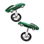 3D vintage racing car cufflink pair with glossy British racing green enamel 