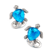 Blue topaz sea turtle cufflinks in oxidized sterling silver with faceted stone shell and whale-back toggle — Jan Leslie