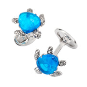 Blue topaz sea turtle cufflinks in oxidized sterling silver with faceted stone shell and whale-back toggle — Jan Leslie