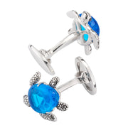 Blue topaz sea turtle cufflinks in oxidized sterling silver with faceted stone shell and whale-back toggle — Jan Leslie