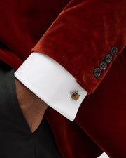 Sterling silver sea turtle cufflinks with tiger's eye shell styled on white French cuff with red velvet dinner jacket, Jan Leslie