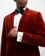 Sterling silver sea turtle tiger's eye cufflinks worn on white French cuff with red velvet tuxedo jacket, Jan Leslie