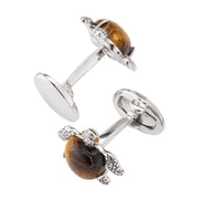 Sterling silver sea turtle cufflinks with tiger's eye shell and oval toggle back closure, Jan Leslie