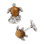 Sterling silver sea turtle cufflinks with carved tiger's eye dome shell and textured flipper detail, Jan Leslie