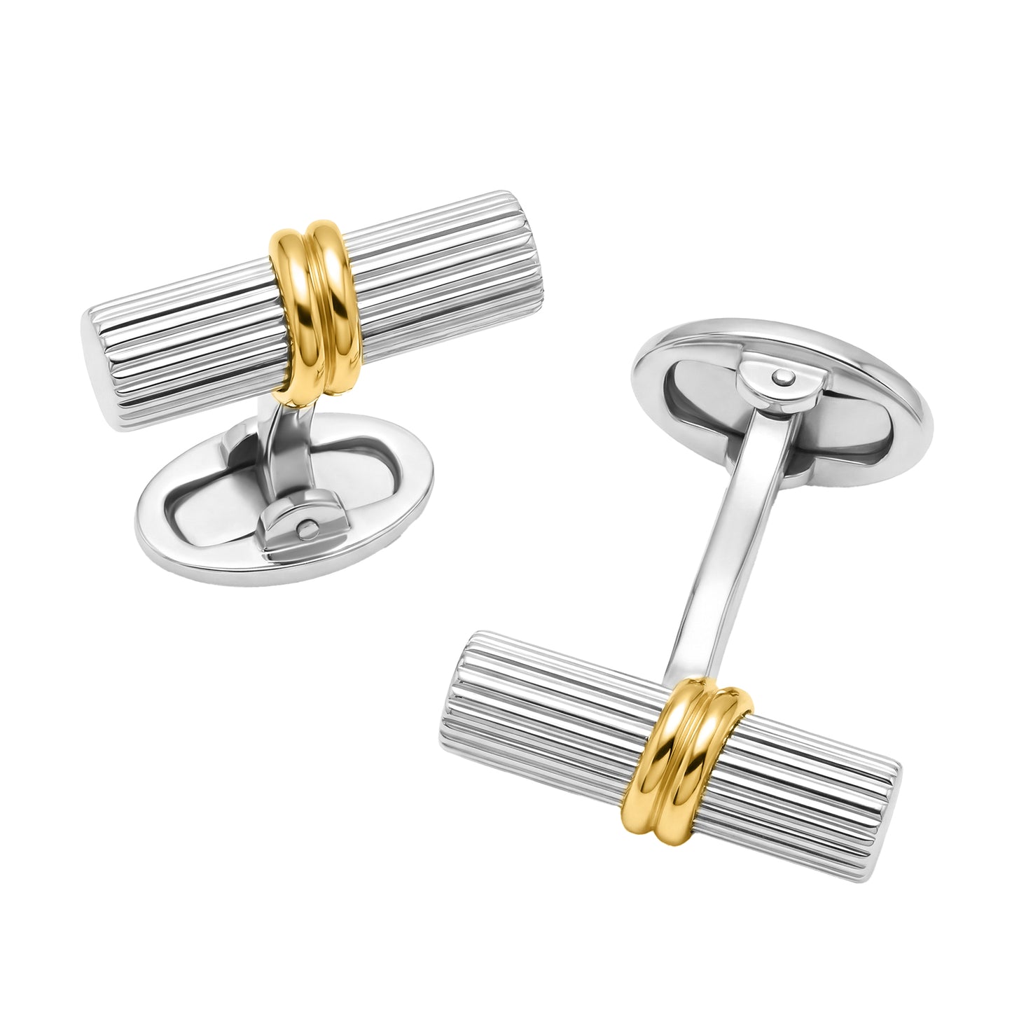 Ribbed sterling silver cylinder cufflinks with gold vermeil knot band and oval toggle back — Jan Leslie