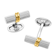 Ribbed sterling silver cylinder cufflinks with gold vermeil knot band and oval toggle back — Jan Leslie