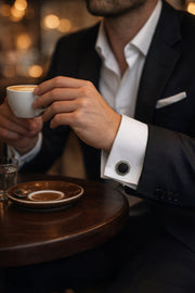Octagon matte black onyx cufflink on model