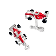  Sterling silver 3D red enamel Formula 1 racing car cufflinks with black wheel detail by Jan Leslie.
