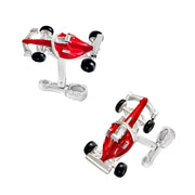 Sterling silver and red enamel Formula One racing car cufflinks with black enamel wheels, detailed cockpit and front wing, and silver T-bar swivel back closure, Jan Leslie luxury novelty men's fine jewelry.