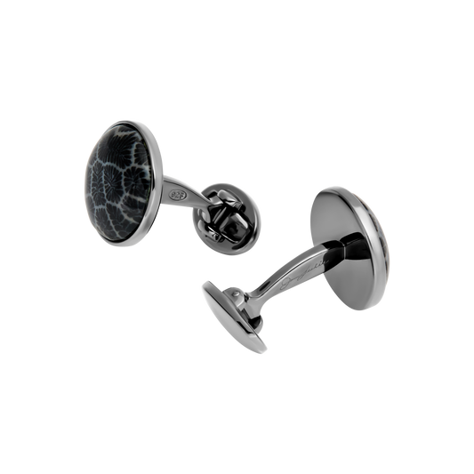 Round Black Fossil Coral Gemstone Gunmetal Sterling Silver Cufflinks, black fossil coral stone with its distinctive web-like natural pattern, the dark gunmetal finish on the sterling silver.