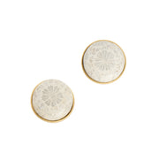 Elegant round fossil coral earrings set in 18k gold bezel.