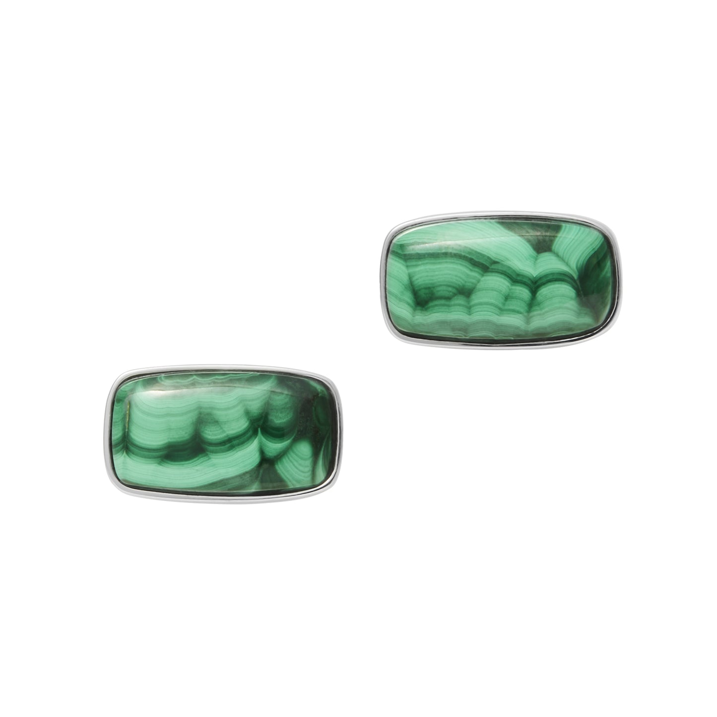 Rectangular malachite cufflinks in a sleek sterling silver bezel — bold swirling green patterns that bring natural artistry and confident look.