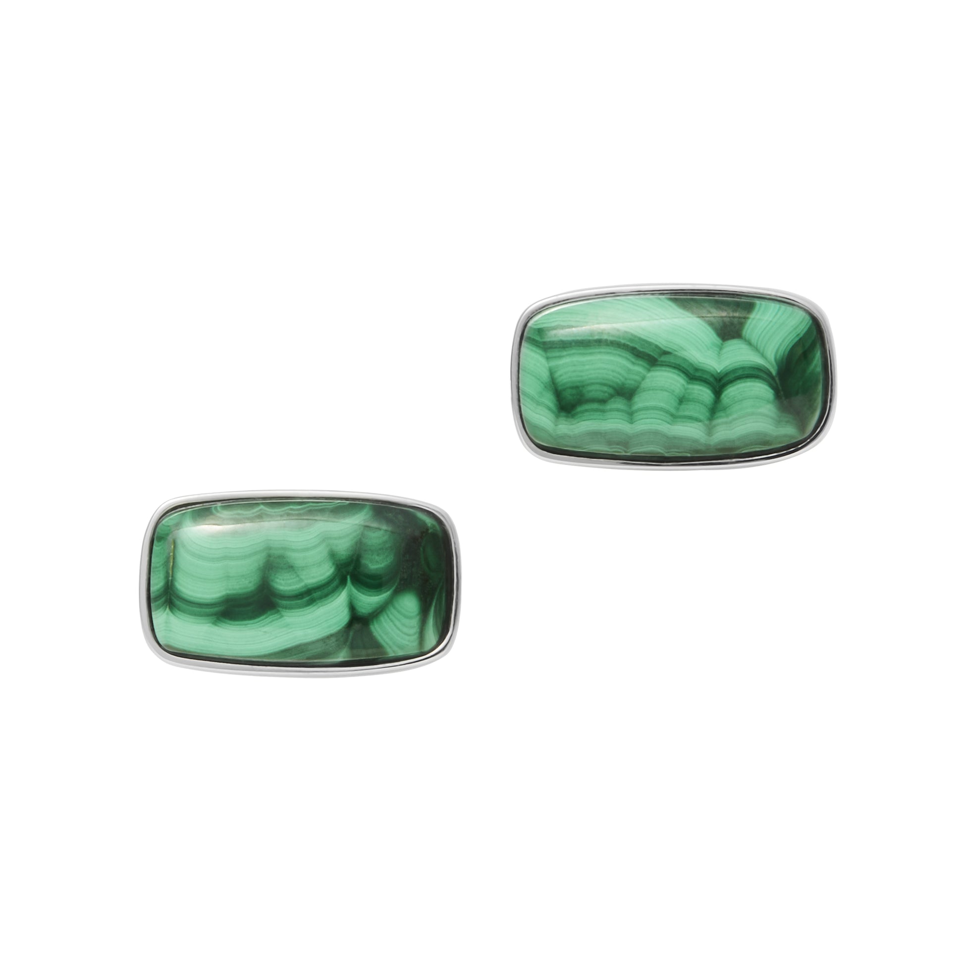 Rectangular malachite cufflinks in a sleek sterling silver bezel — bold swirling green patterns that bring natural artistry and confident look.