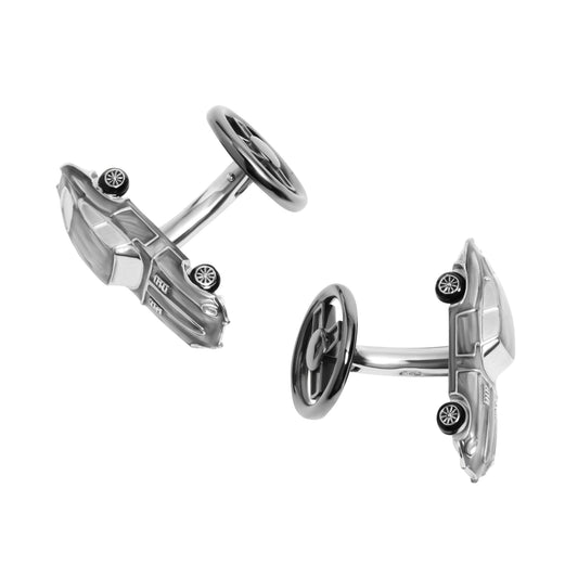 Sterling silver 3D classic convertible sports car cufflinks with black enamel wheel accents and a steering wheel toggle backing.