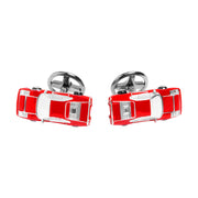 3D red and white enamel classic muscle car cufflinks with sterling silver detailing and swivel toggle backings.