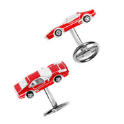 3D red and white enamel classic muscle car cufflinks with sterling silver detailing and swivel toggle backings.
