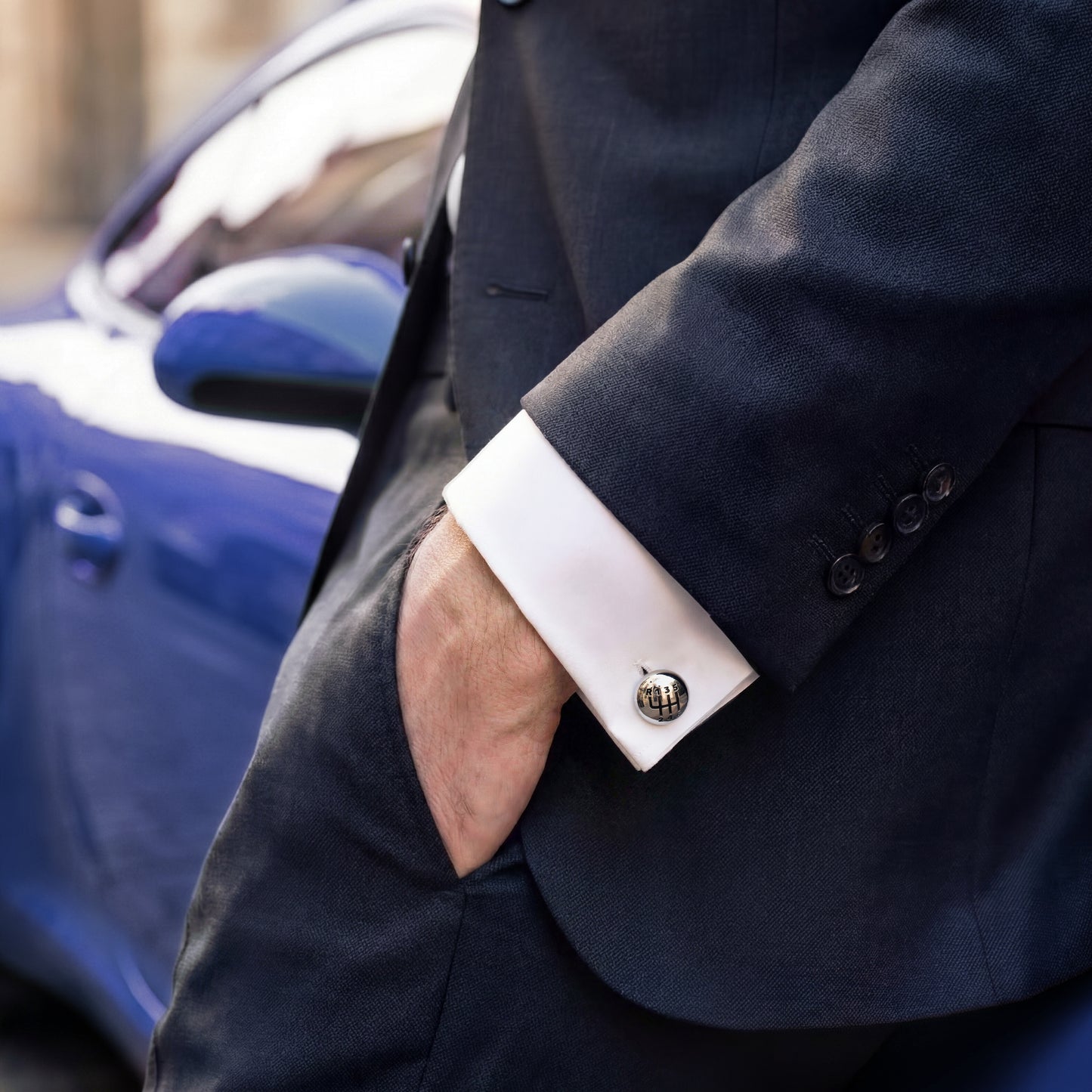Stick Shift Sterling Cufflinks with Steering Wheel Back