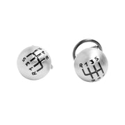 Brushed sterling silver 3D manual gear shift knob cufflinks with engraved 6-speed H-pattern diagram, luxury automotive men's jewelry.