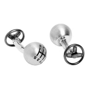 Sterling silver 3D gear shift knob cufflinks with engraved 5-speed H-pattern and gunmetal steering wheel back closure, luxury automotive men's jewelry.