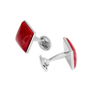 Square diamond-orientation red coral cabochon cufflink pair 