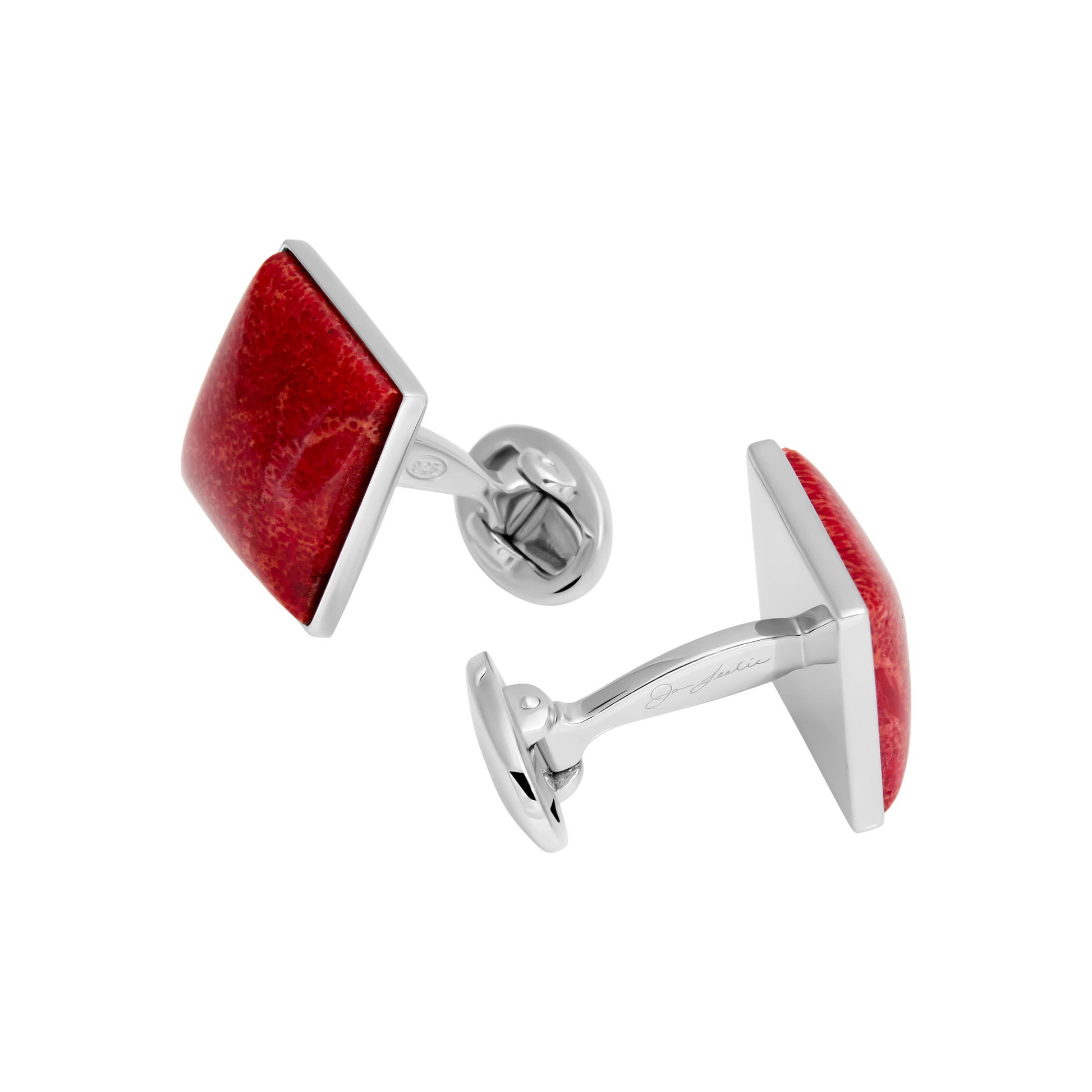 Square diamond-orientation red coral cabochon cufflink pair 