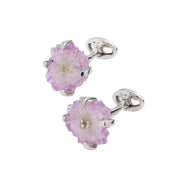 Sterling silver cufflinks with raw amethyst stalactite slice geode gemstone in six-prong setting and oval swivel back closure, luxury men's fine jewelry.