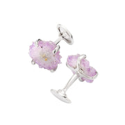 Side view of sterling silver raw amethyst stalactite geode cufflinks showing crystal cluster depth and polished T-bar back closure, luxury men's fine jewelry.
