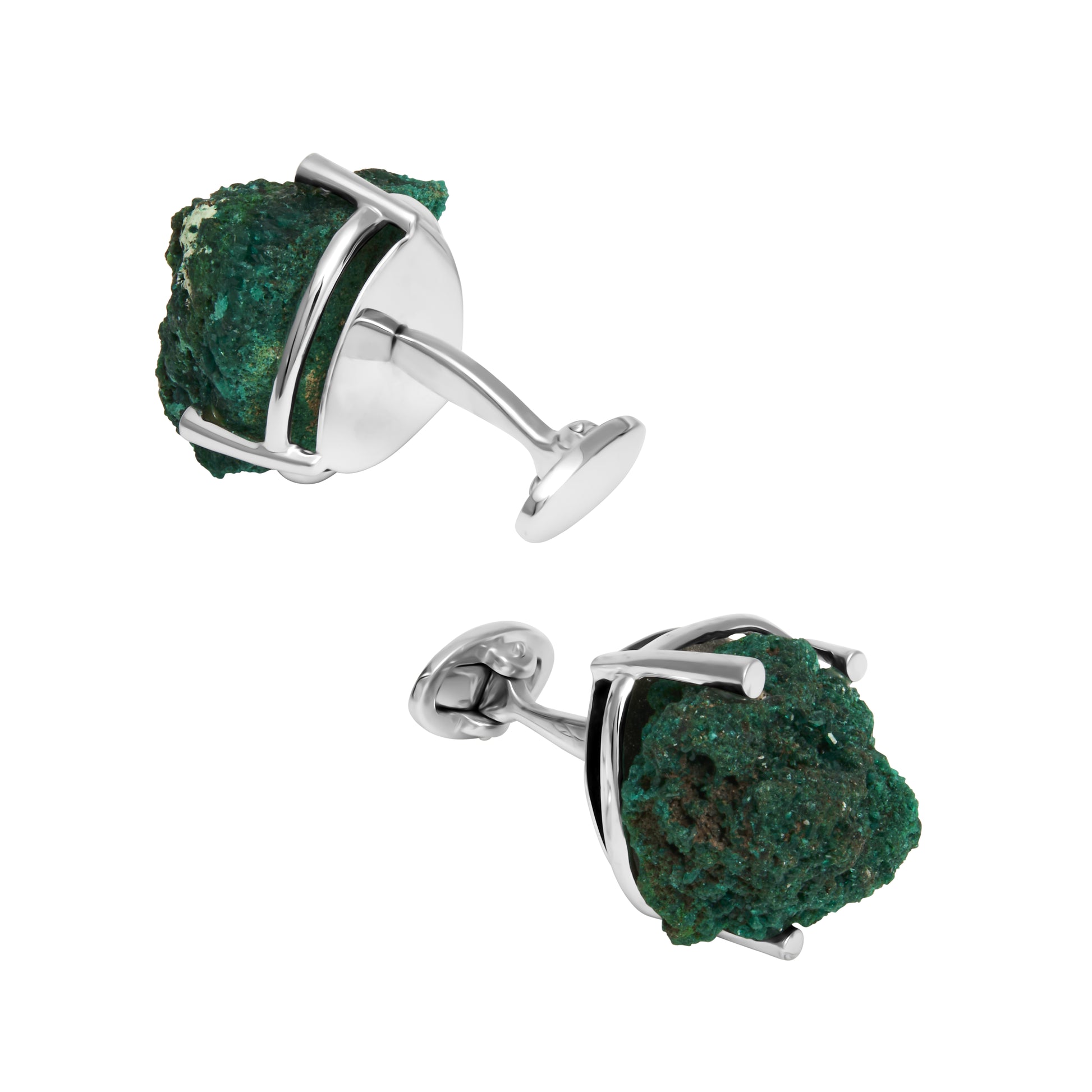 Raw malachite gemstone cufflinks in a polished sterling silver cage setting  bold, earthy luxury for the man who wears nature with confidence.