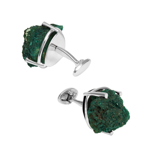 Raw malachite gemstone cufflinks in a polished sterling silver cage setting  bold, earthy luxury for the man who wears nature with confidence.