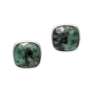 Rose-cut cushion emerald bezel stud earrings in sterling silver with butterfly backs — Jan Leslie