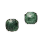 Rose-cut cushion emerald bezel stud earrings in sterling silver with butterfly backs — Jan Leslie