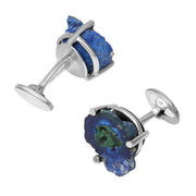 Side view of raw azurite-malachite cufflinks showing sterling silver bar setting and toggle back — Jan Leslie