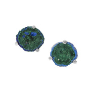 Sliced azurite-malachite geode disc cufflinks showing sterling silver bar setting — Jan Leslie