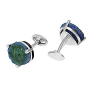 Sliced azurite-malachite geode disc cufflinks showing sterling silver bar setting and toggle back — Jan Leslie
