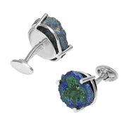 Raw azurite-malachite cufflinks in sterling silver bar setting with whale-back toggle— Jan Leslie