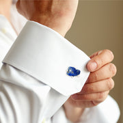 Man in white French cuff shirt wearing raw lapis lazuli nugget sterling silver cufflink — Jan Leslie