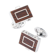 Rectangular rosewood inlay cufflink pair with rich dark brown straight-grain wood veneer 