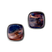 Gunmetal sterling silver cushion pietersite cabochon cufflinks pair front view showing swirling midnight blue and copper-gold chatoyant stone faces in matte gunmetal cushion bezel by Jan Leslie